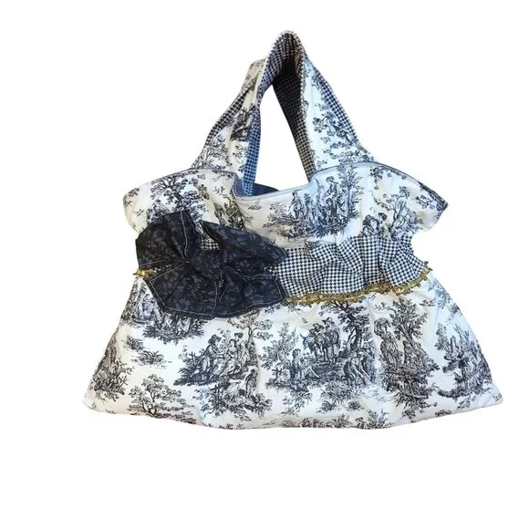 Handmade Black & White Toile & Houndstooth Tote Bag With Ruffled Detail & Gold T - Picture 14 of 15